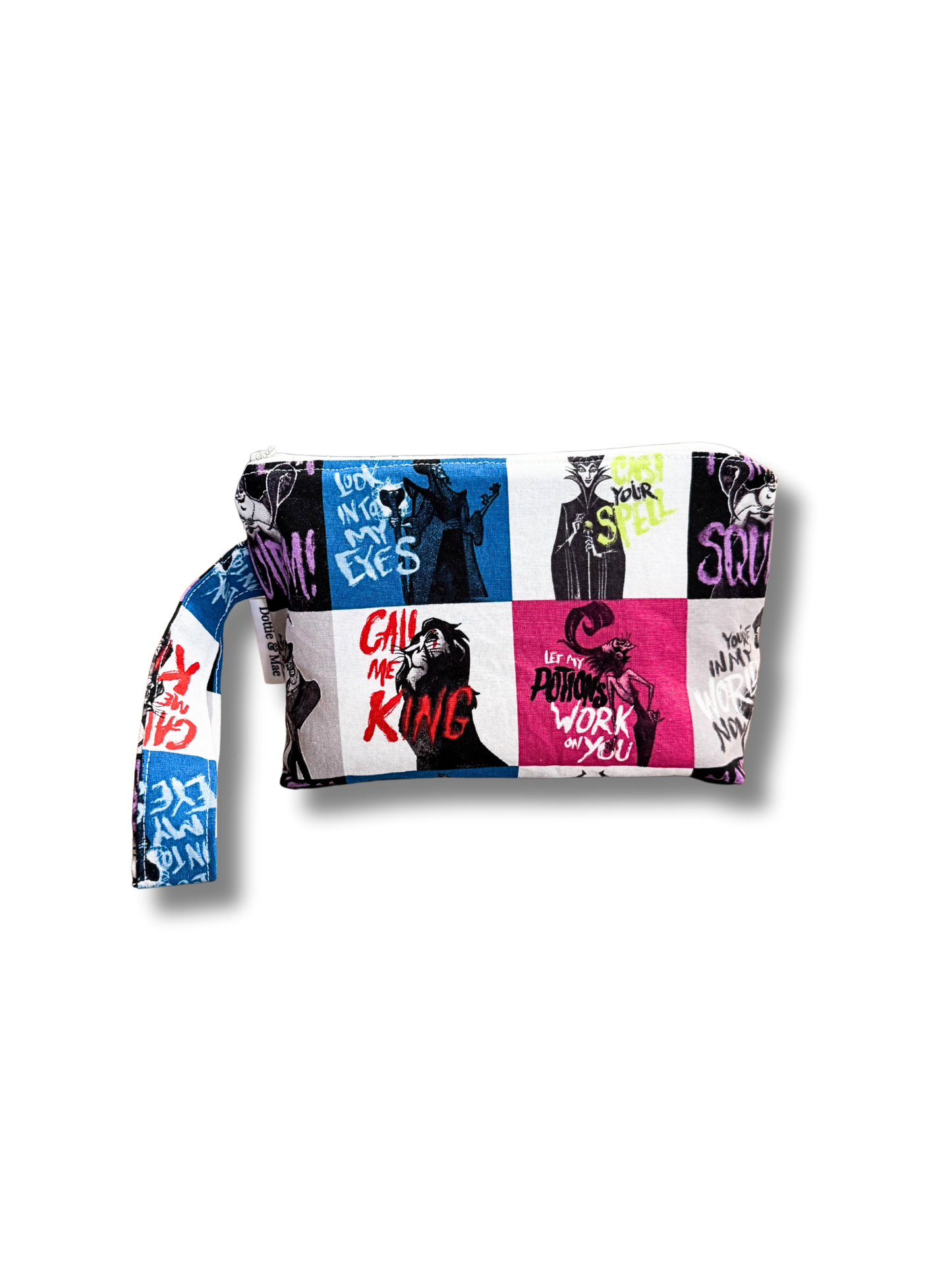 Multicolored pouch with graphic designs on a white background