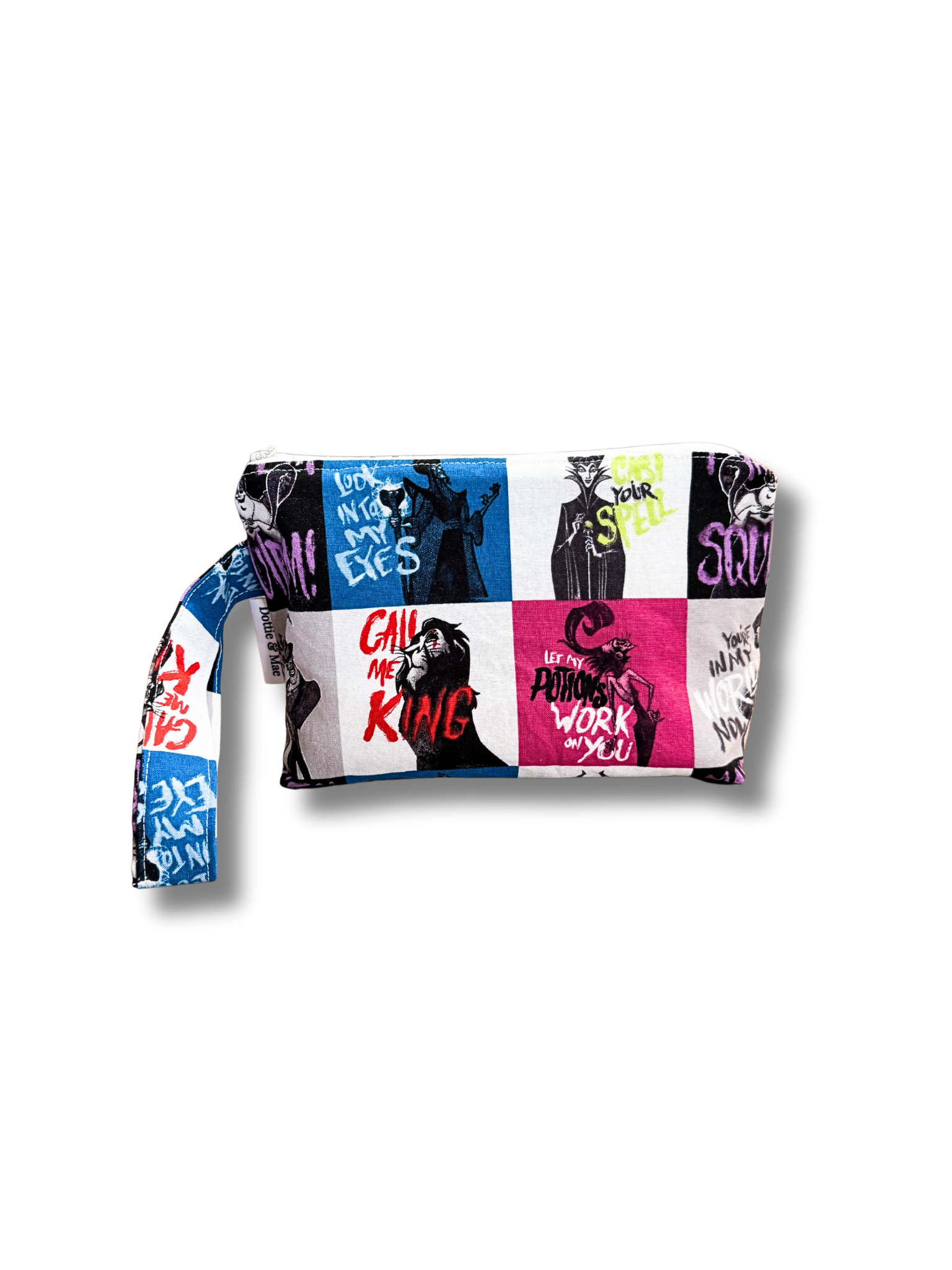 Multicolored pouch with graphic designs on a white background