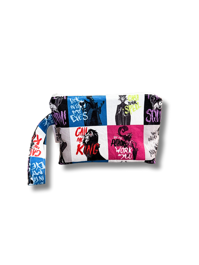 Multicolored pouch with graphic designs on a white background