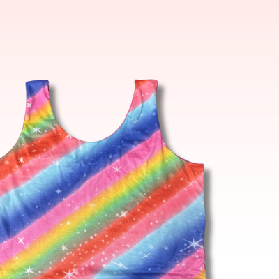 Colorful rainbow-patterned tank top on a white background