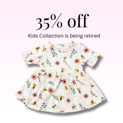 Floral dress with promotional text about a retiring kids collection on a white background