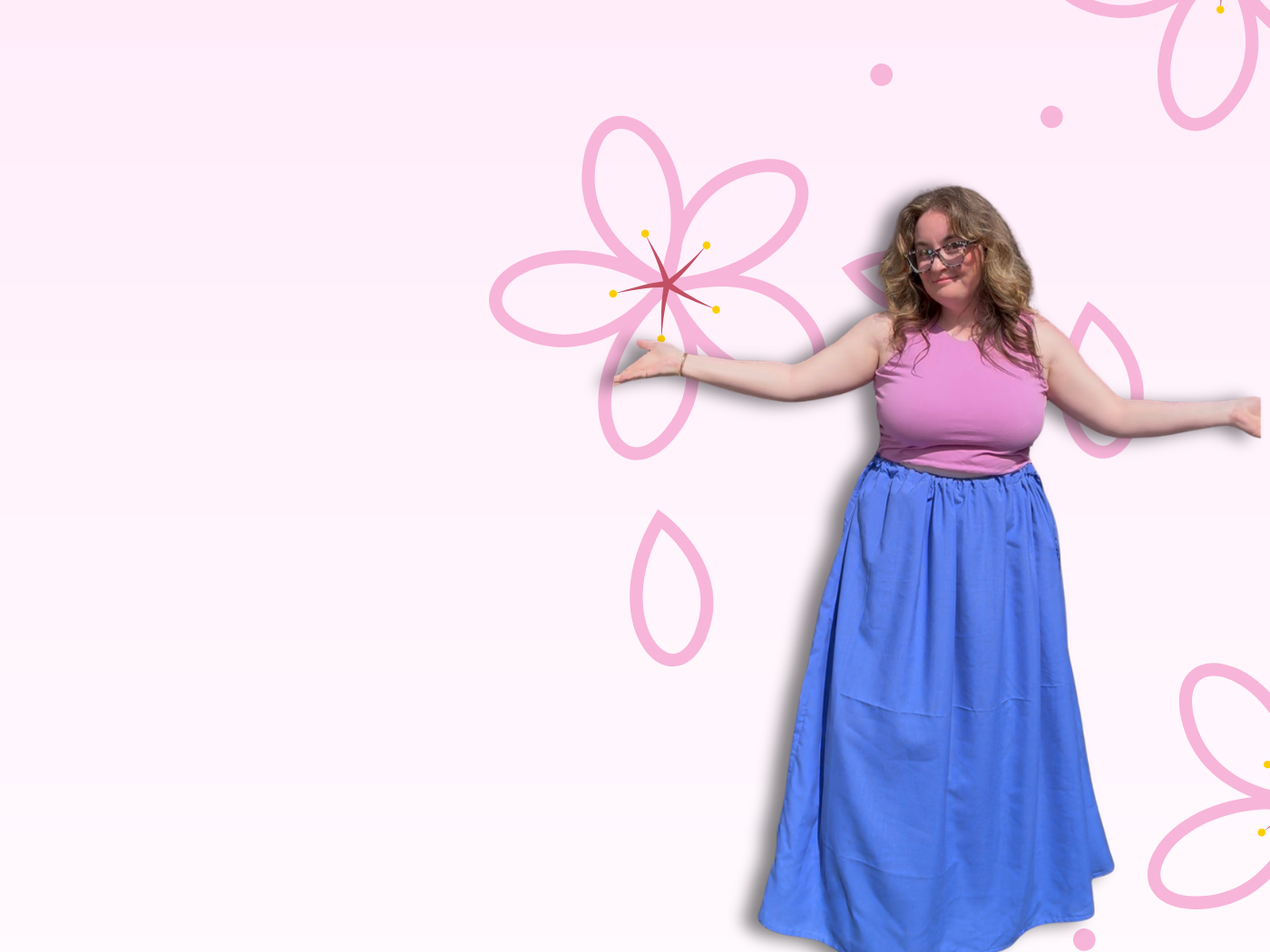 Woman in pink top and blue skirt standing against a white background with pink floral graphics.
