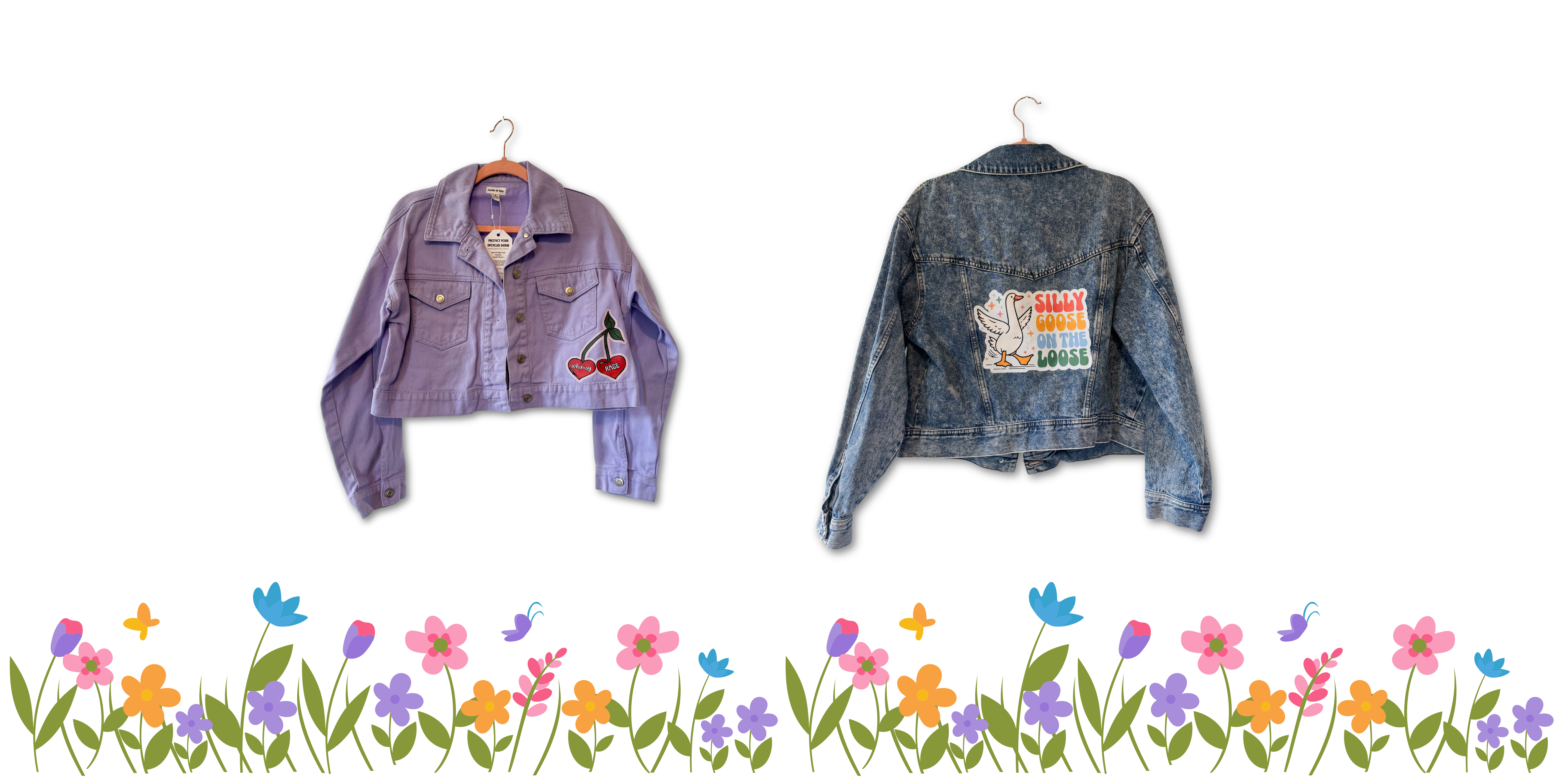 Two denim jackets, one purple and one blue, with colorful designs on a white background.