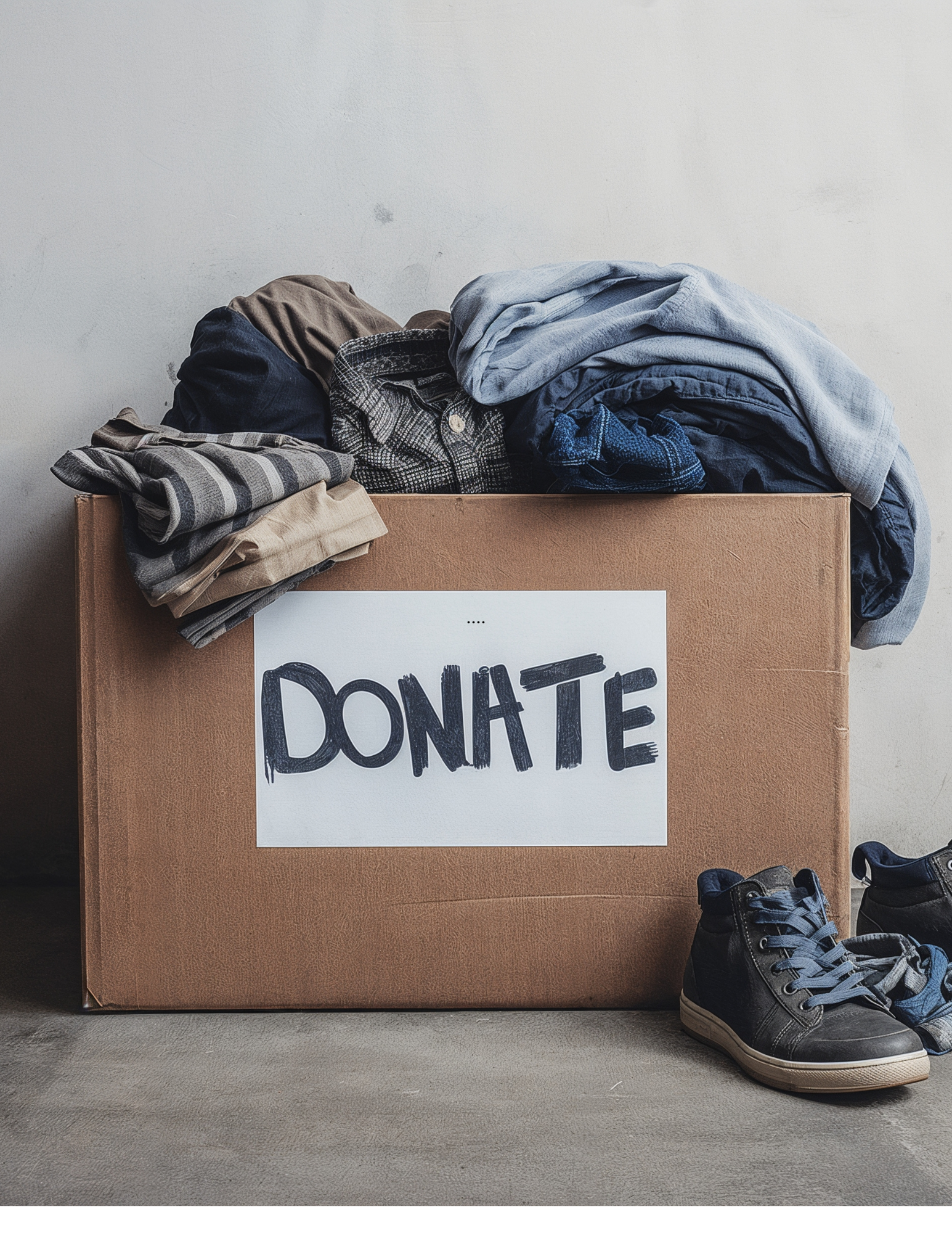 Cardboard box labeled 'DONATE' filled with clothes and shoes on a gray surface.