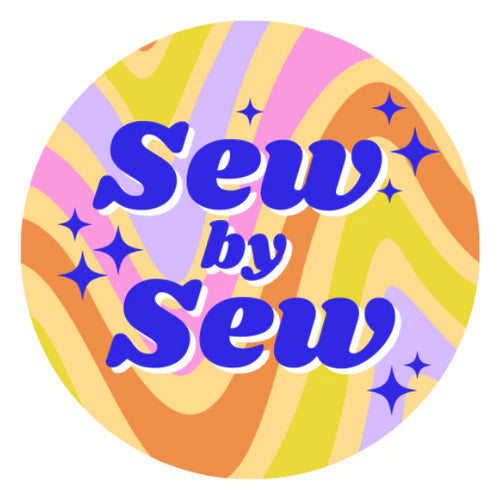 Circular logo with 'Sew by Sew' text on a colorful, wavy background